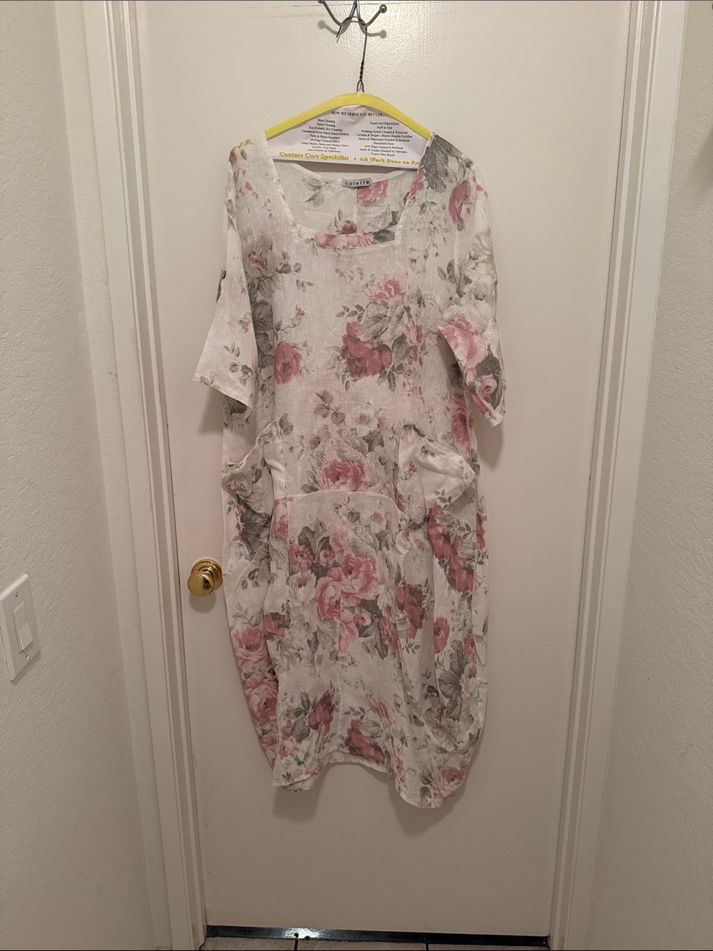 Floral 100% Italian Linen Shift Dress with Pockets - Pink/White